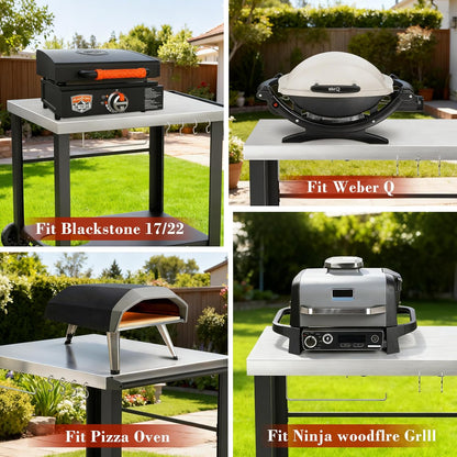 Upgraded Pizza Oven Cart Table for Ooni Koda/Karu/Fyra 16 & 12, Movable Thicken & Widen Rolling Kitchen Cart, Outdoor Grill Stand for Ninja Woodfire,Blackstone Griddle,Barbecue Tool Set