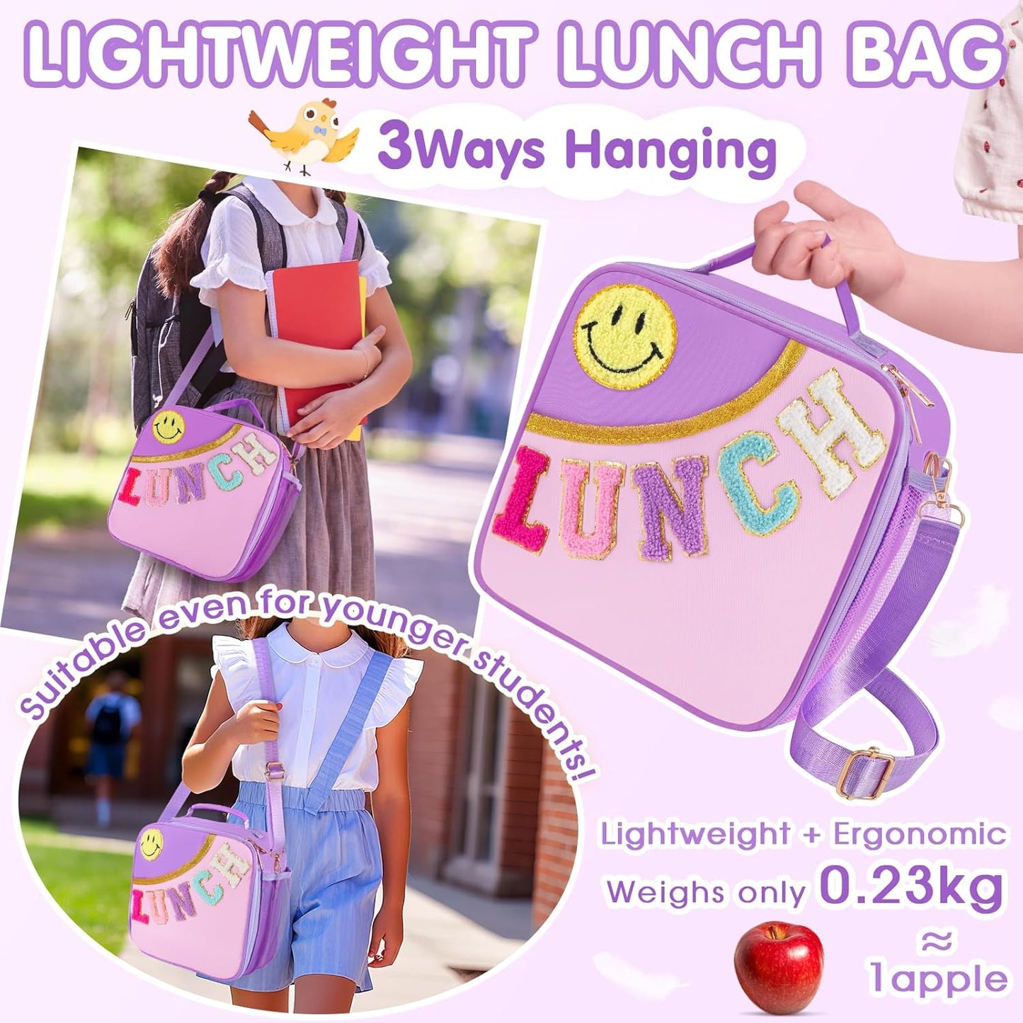 Nsrzua Lunch Bag Kids-Kids Insulated Lunch Bag with Adjustable Strap - Reusable Leakproof Lunch Box for Girls, Preppy School Lunch Tote for Travel, Picnic,School & Winter Camp
