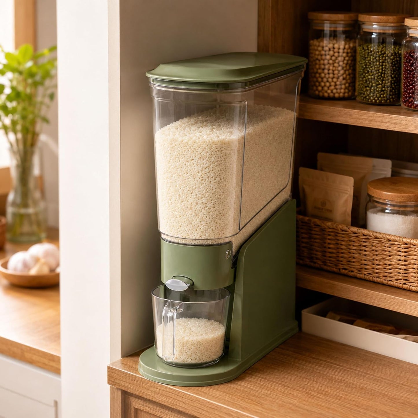 ROOM127 Rice Dispenser 22 Lbs, Large Airtight Grain Container, Cream White | Family Size Storage, BPA-Free, Moisture-Proof Seal, One-Touch Pouring, Clear Window, for Cereal, Beans, Oats & Dry Food