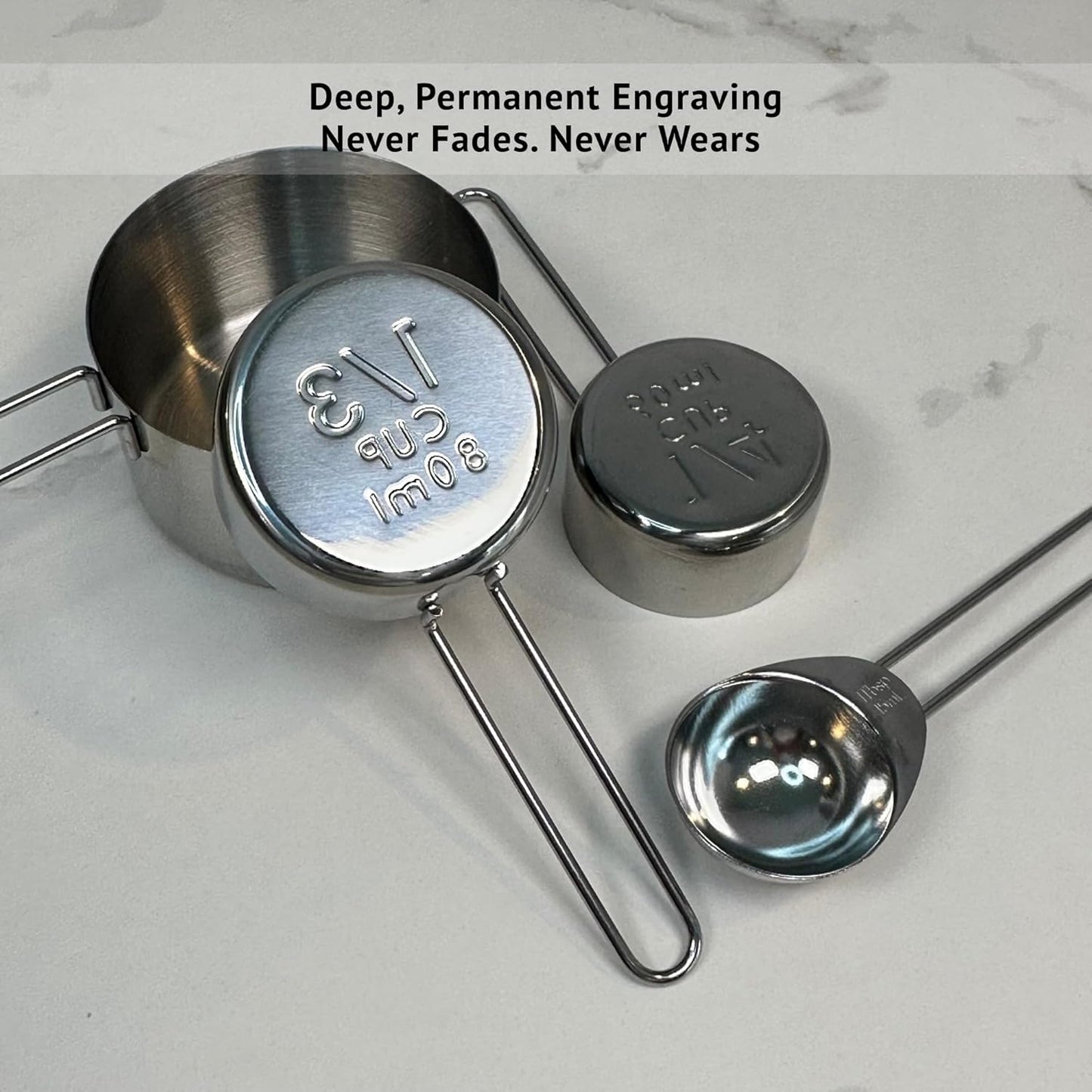 Silver Stainless Steel Measuring Cups and Spoons Set, 8 Piece, Engraved Measurements, Durable Nesting Kitchen Set