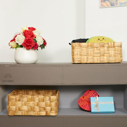 VATIMA Water Hyacinth Storage Baskets with Large Open-Front for Kitchen, Decorative for Living Room, 13.4” x 9.5” x 5.5”, 2 Pack