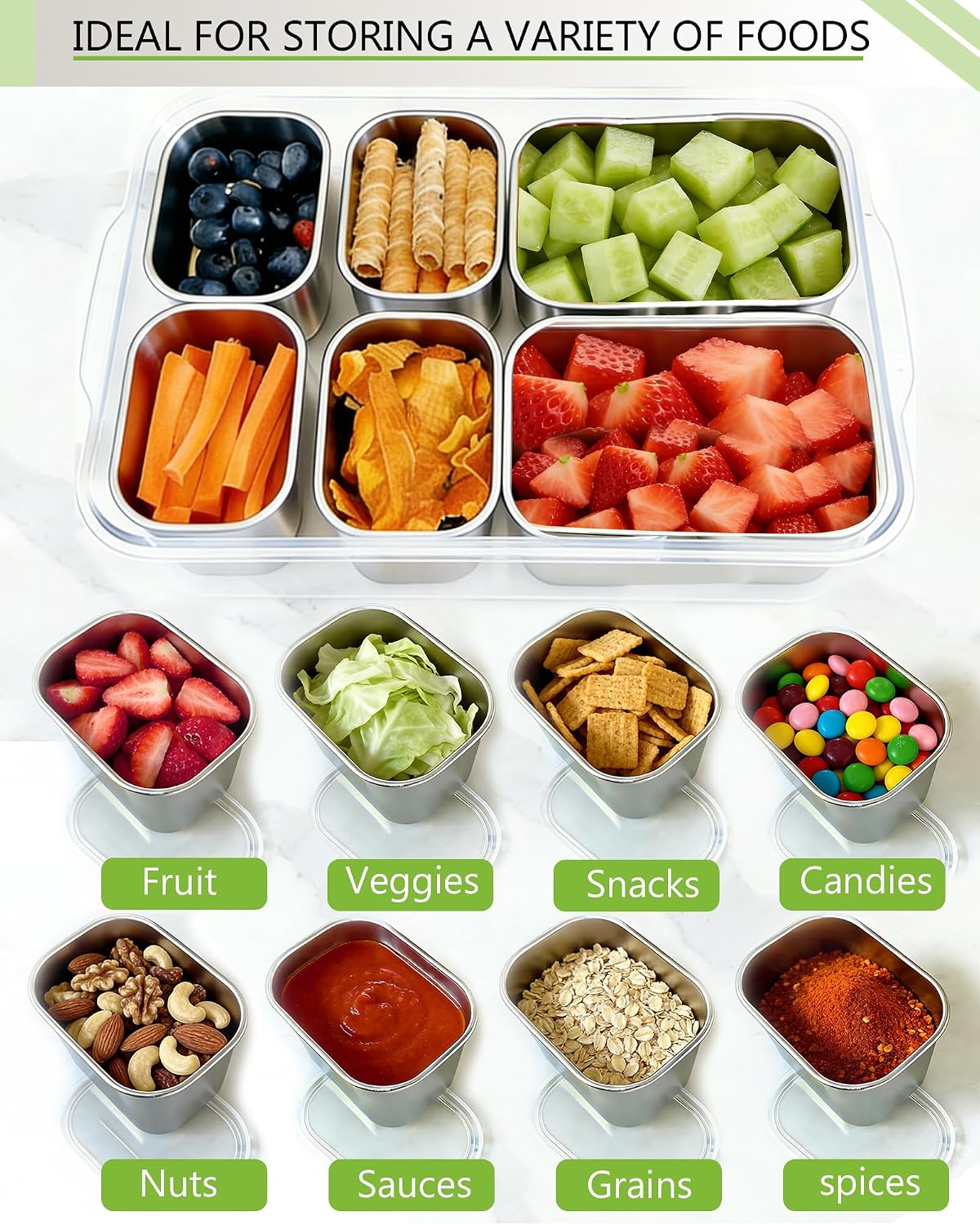 Snackle Box Container, Stainless Steel Divided Serving Tray with Lid and Handle, Large Snack Tray for Fruit Veggie Candy, 8-Compartment Snack Platter for Travel Party Beach Picnic