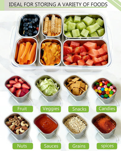 Snackle Box Container, Stainless Steel Divided Serving Tray with Lid and Handle, Large Snack Tray for Fruit Veggie Candy, 8-Compartment Snack Platter for Travel Party Beach Picnic