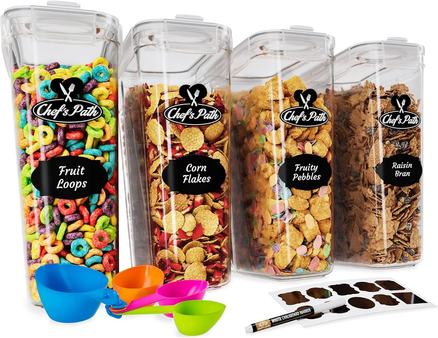 Chef's Path Airtight Food Storage Containers - Pack of 4 (4L/135.3oz) - MULTISPOUT Design for Kitchen & Pantry - BPA-Free Cereal Containers with Bigger Spout Mouth for Easy Pouring