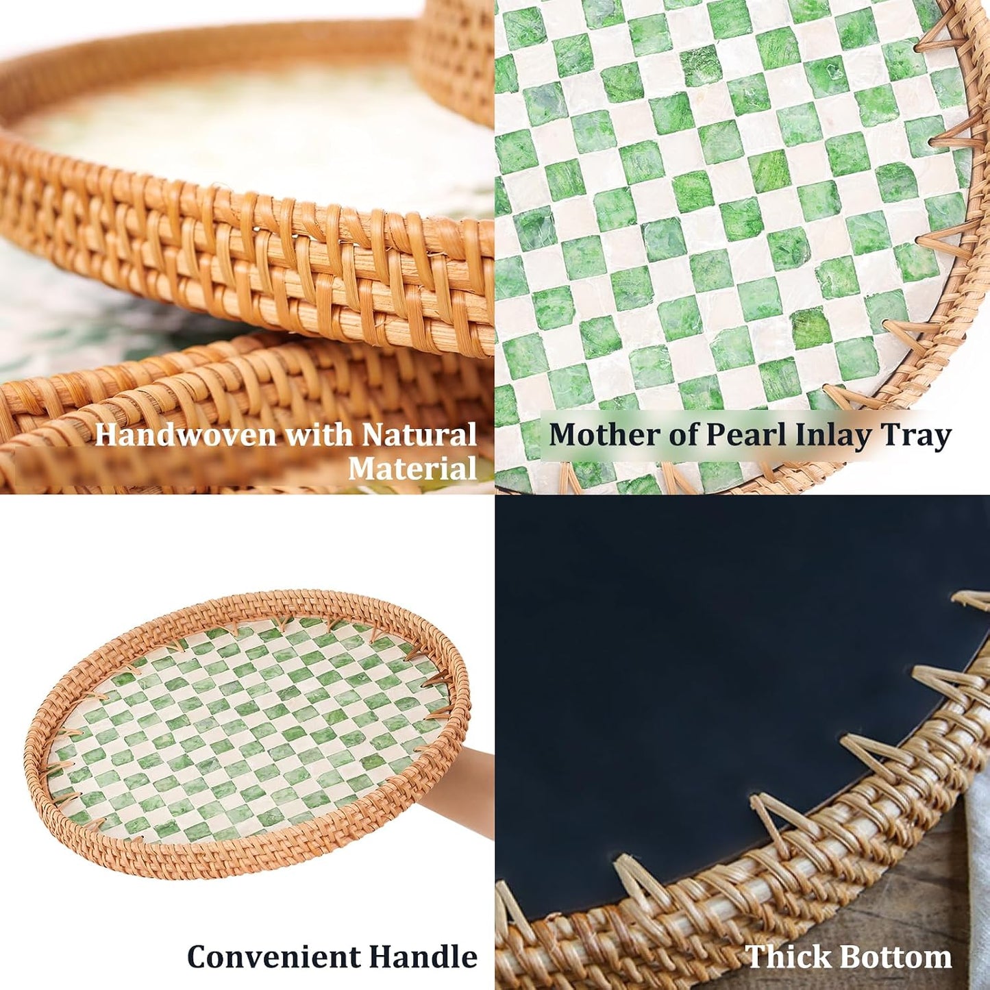 Round Rattan Tray with Mother of Pearl Inlay, Rattan Serving Tray for Coffee, Bread, Fruits, Decorative Wicker Tray for Table Decor, Home Decor, Kitchen Island Decor(Black Checkerboard, 11.8")