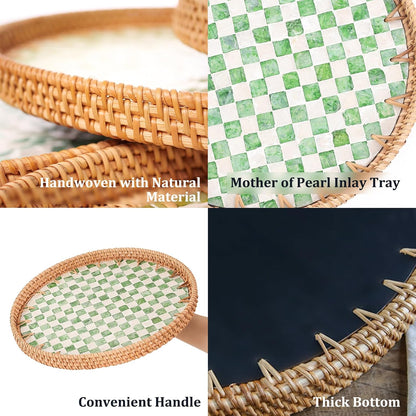 Round Rattan Tray with Mother of Pearl Inlay, Rattan Serving Tray for Coffee, Bread, Fruits, Decorative Wicker Tray for Table Decor, Home Decor, Kitchen Island Decor(Black Checkerboard, 11.8")