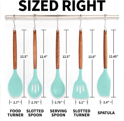 Zulay Kitchen Utensils Set Non-Stick Silicone Cooking Utensils Set with Authentic Acacia Wood Handles - 5 Piece Silicone Utensil Set - Kitchen Utensils Set with 464°F Heat Resistance - Gray
