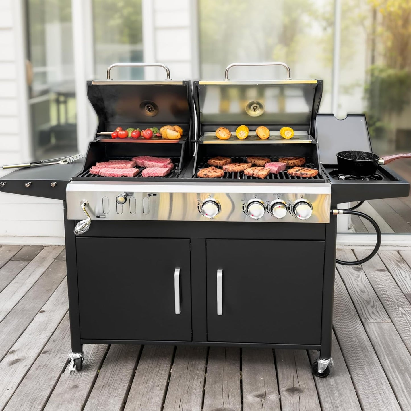 MFSTUDIO 5 Burner Gas Grill Griddle Combo with Porcelain-Enameled Cast Iron Grates,Cutting Board and Double Lids, Duel-Function Propane BBQ Grills with Flat Top Grddle for Outdoor Barbecue Cooking