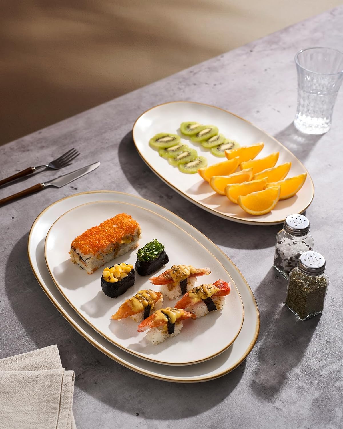 famiware Serving Platter, Oval 15.59/14.3/12.9inch Serving Dishes for Entertaining, Serving Bowls, Microwave Safe, Stoneware Serving Trays for Party, Food, Turkey, Cheese, Ocean Series, Vanilla White
