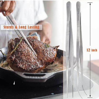 A2Z Cooking Tweezer Straight and Curved Tong Set, Tongs Precision Serrated Tips, Stainless Steel Professional Chef Tweezer Kitchen Tools for BBQ, Plating and Serving (Set of 2-10")