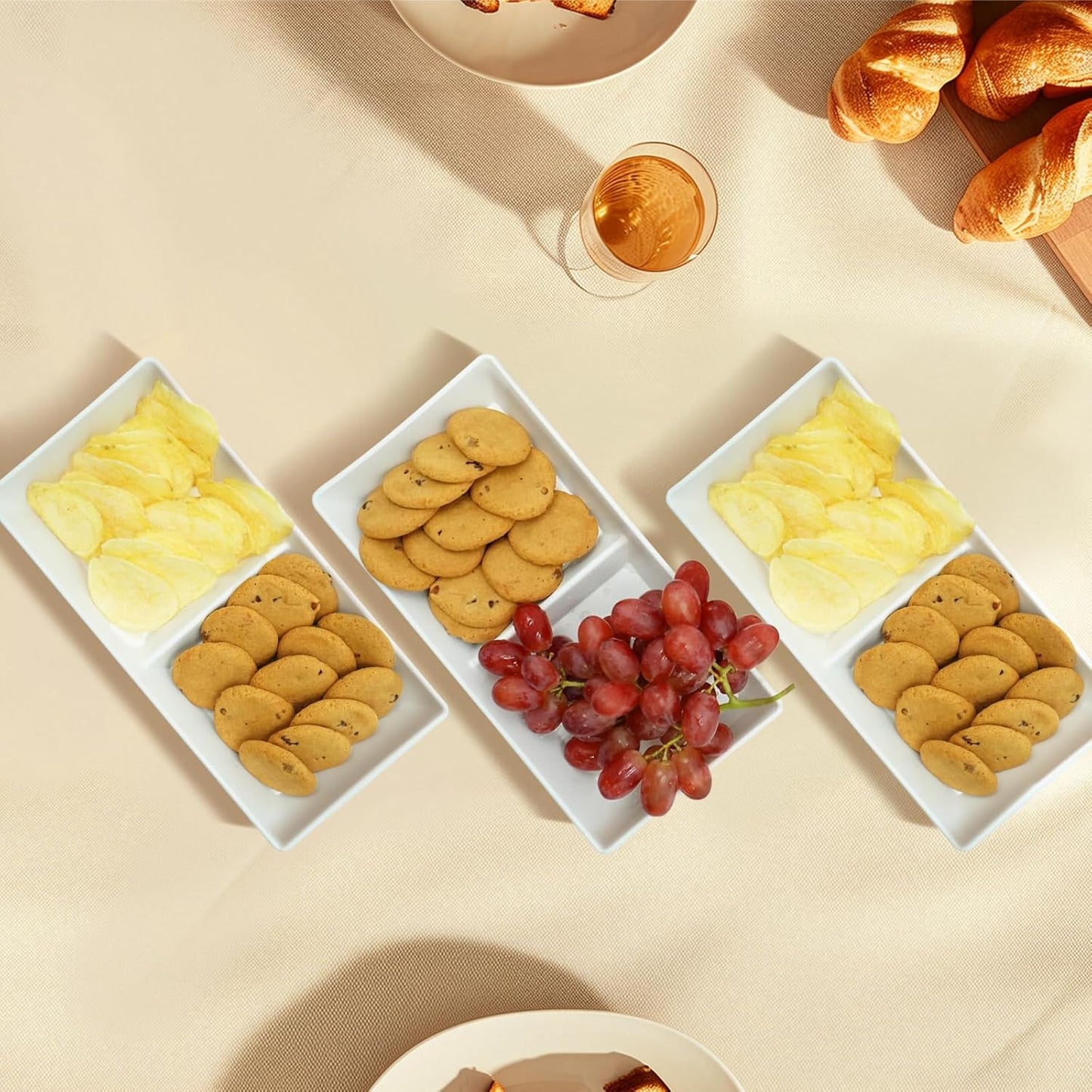 Divided Serving Tray Platter, 4 Pack 15" x 10" Fruit Veggie Food Tray for Party, Plastic Serving Trays for Appetizer, Snack, Dessert, Cookie, Brunch Decorations Platters, White Trays BPA-Free