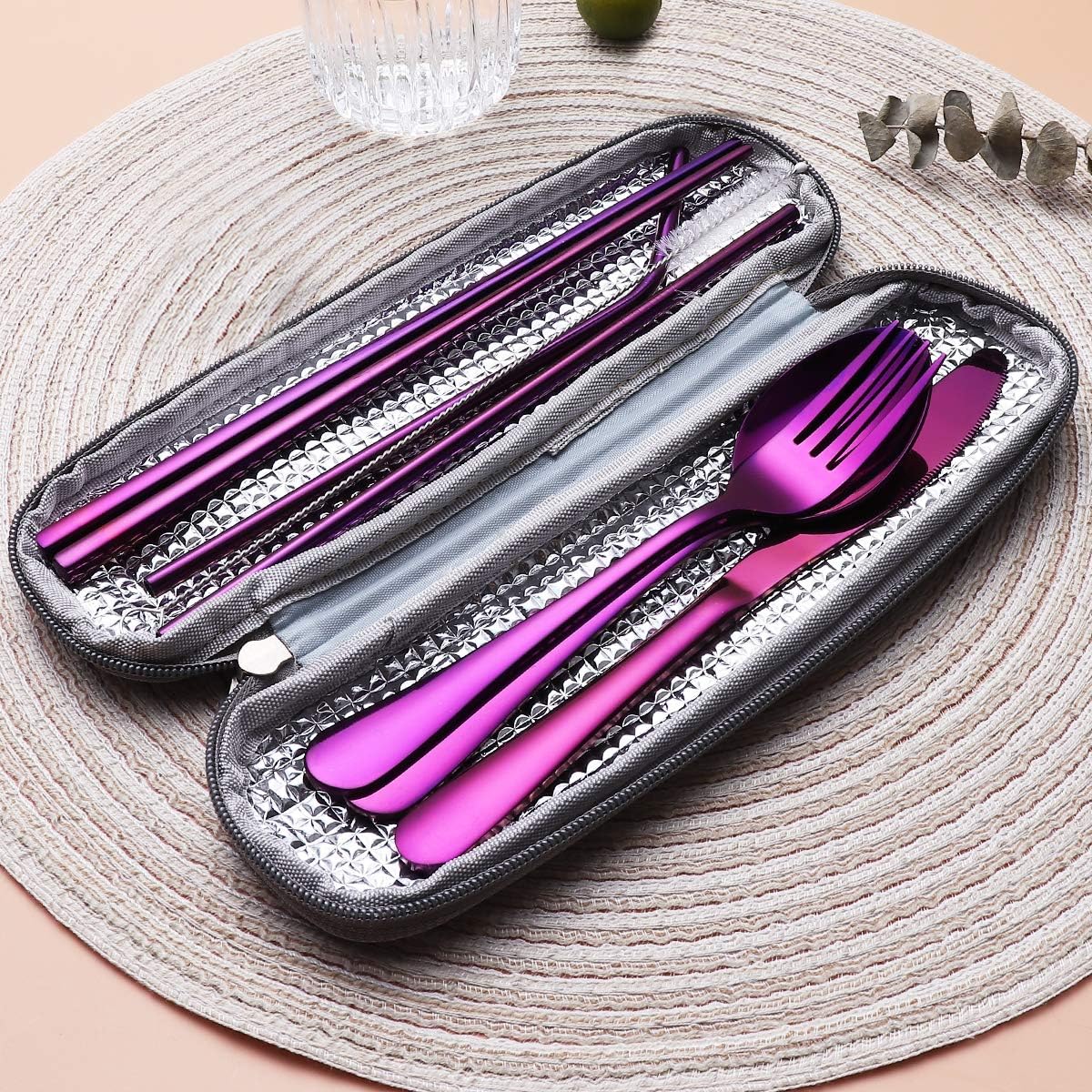 Portable Stainless Steel Flatware Set, Travel Camping Cutlery Set, Portable Utensil Travel Silverware Dinnerware Set with a Waterproof Case (Pink)