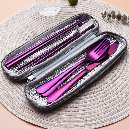 Portable Stainless Steel Flatware Set, Travel Camping Cutlery Set, Portable Utensil Travel Silverware Dinnerware Set with a Waterproof Case (Pink)