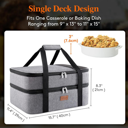 Lifewit Insulated Double Decker Casserole Carrier for Hot or Cold Food, Casserole Dish Carrying Case, Lasagna Holder for Potluck Parties, Picnic and Cookouts, Fits 9"x13" Baking Dish, Grey