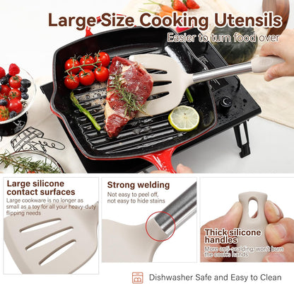 Silicone Cooking Utensils Set, NCUE 35 Pcs Kitchen Utensils Set with Holder, with Stainless Steel Handle Spatula Set, Spoons, Pasta Server, Cheese Grater, Masher, Scissors, Dishwasher Safe (Khaki)