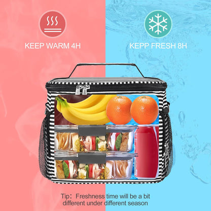 Tiblue Insulated Lunch Bag for Women/Men, Reusable Lunch Box for Office Work School Picnic,Leakproof Freezable Cooler Bag with Adjustable Shoulder Strap for Kid/Adult(Medium, Black & White Stripes)