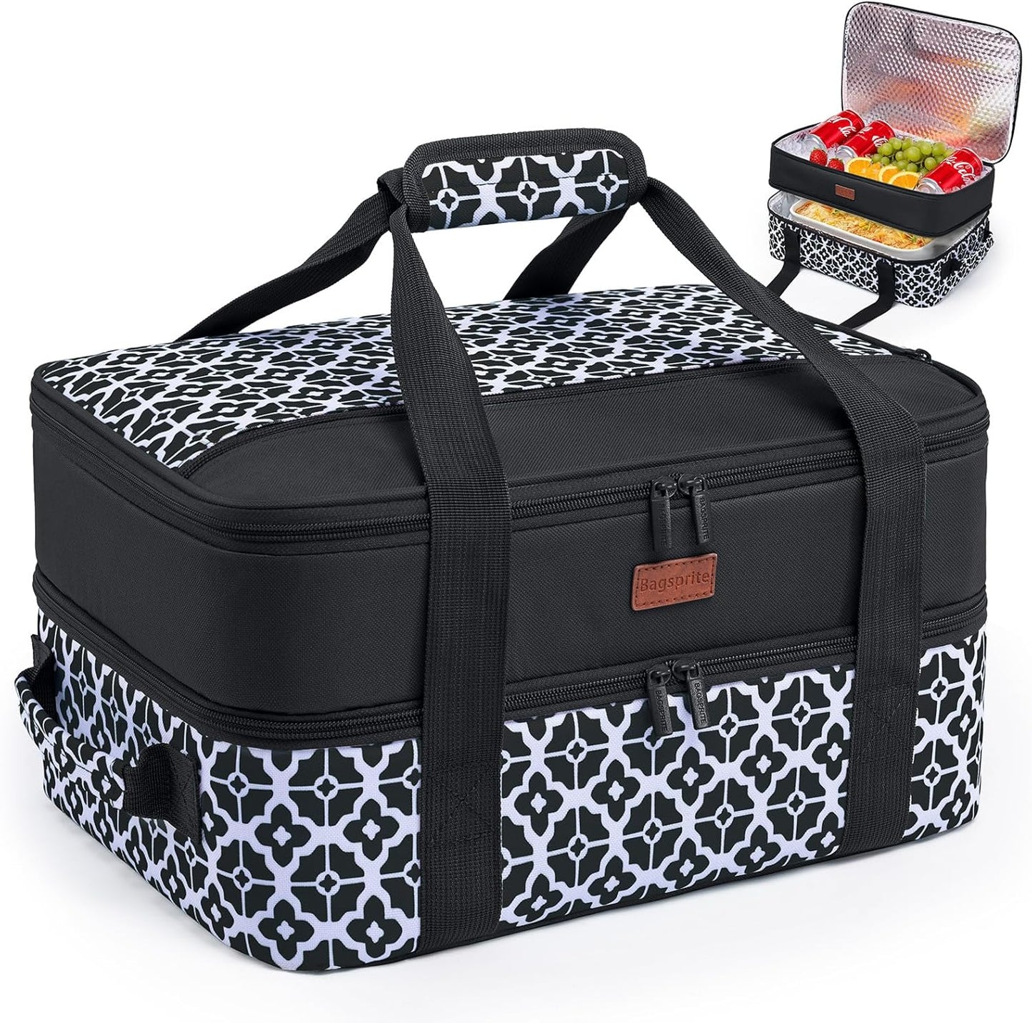 Double Layer Insulated Casserole Carrier, Fits 9" x 13" Baking Dish, Food Transport Carrier with Utensil Pocket for Hot & Cold Dishes, Reusable Potluck Tote for Thanksgiving, Parties&Family Gatherings
