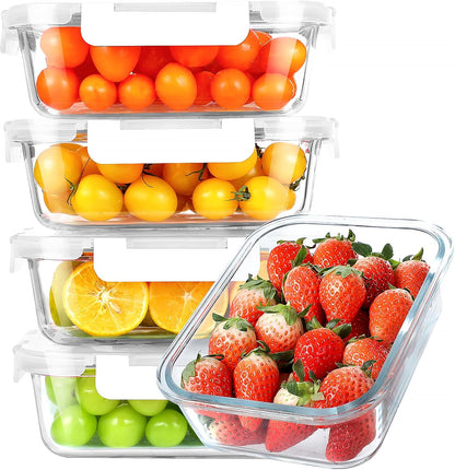 KOMUEE 30 oz 5 Pack Glass Meal Prep Containers, Glass Storage Containers with Lids - Dishwahser, Microwave, Oven and Freezer Safe