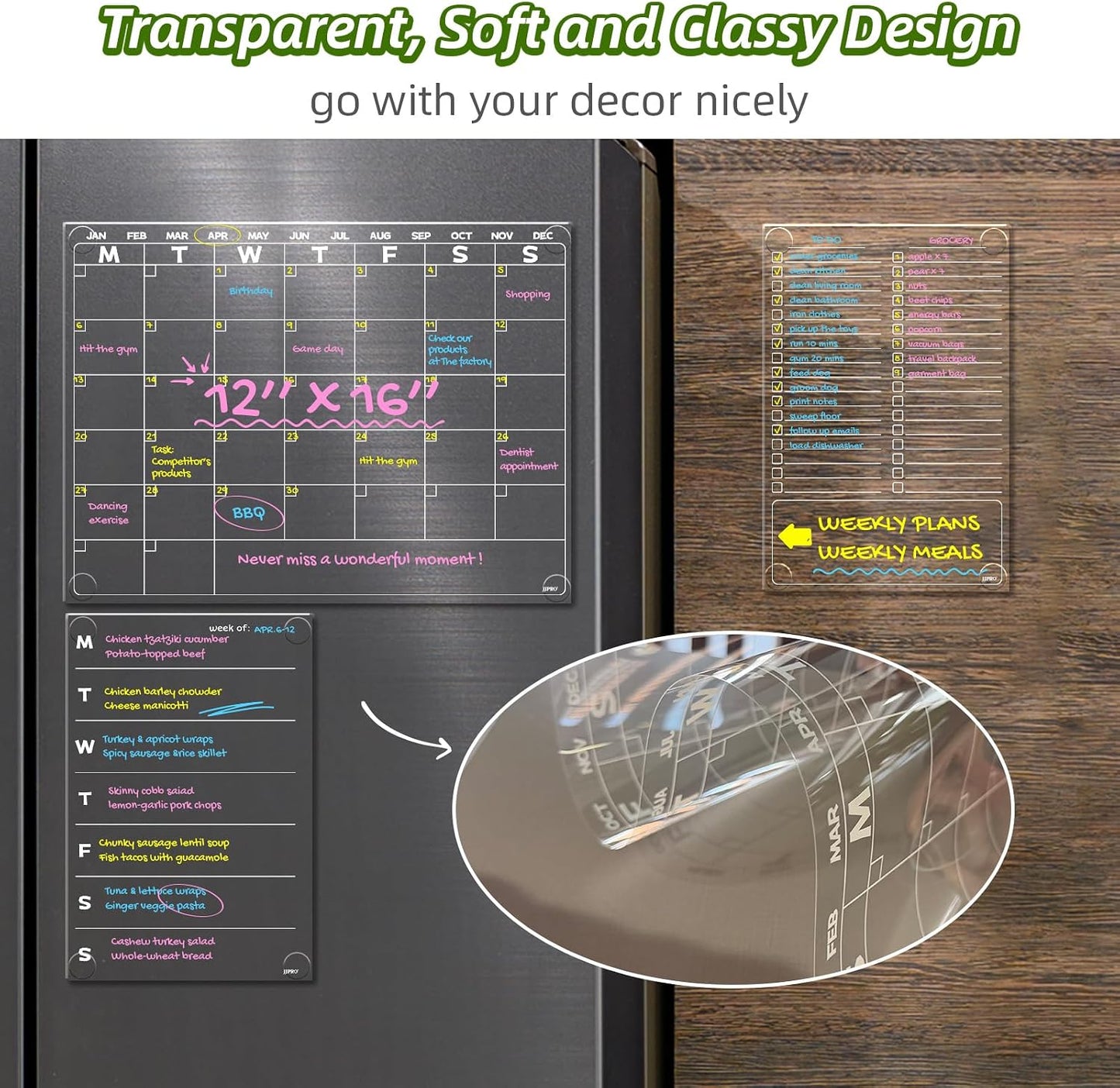 JJPRO Non-Magnetic Dry Erase Calendar for Fridge, Clear Monthly Calendar, Weekly Daily Meal Board Bundle -Starts Sunday,12"x16" Clear Reusable Calendar Stick to Fridge,Wall, All Smooth Surfaces
