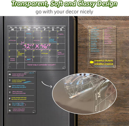 JJPRO Non-Magnetic Dry Erase Calendar for Fridge, Clear Monthly Calendar, Weekly Daily Meal Board Bundle -Starts Sunday,12"x16" Clear Reusable Calendar Stick to Fridge,Wall, All Smooth Surfaces