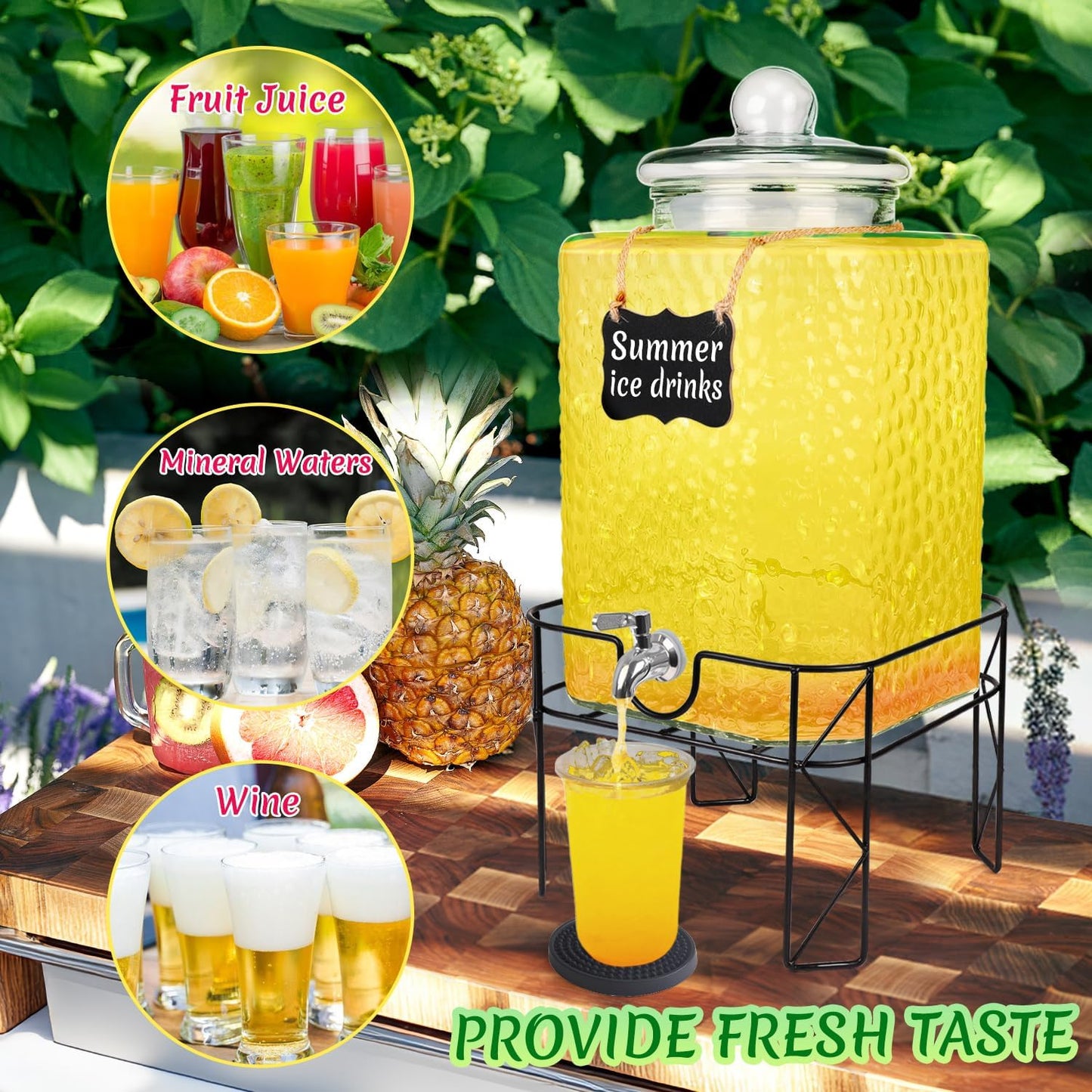 4.6 Gallon Glass Beverage Dispenser with Stand Beverage Dispensers with Stanless Steel Spigot Hanging Chalkboard Signs Drip Trays Drink Juice Dispenser with Lids for Party Wedding Kitchen