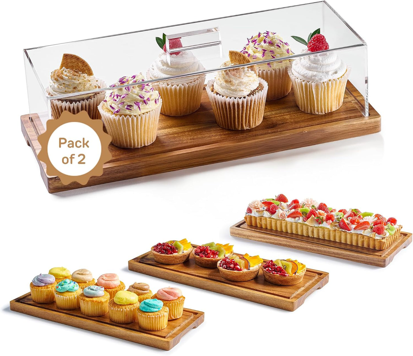 HOMESPHERE Cake Display with Lid – Acacia Wood Dessert Stand & Wooden Charcuterie Board with Lid for Loaf Cakes, Bread, Pastries, Cheese, Large Rectangle Wood Tray Platter & Acrylic Cover, 15 x 6.25”