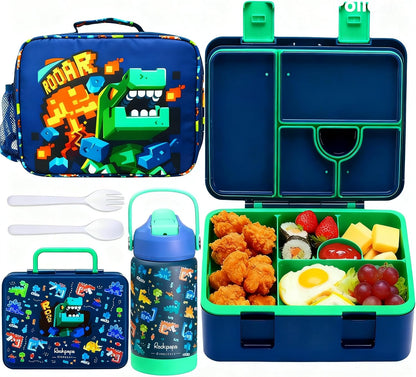 rockpapa Kids Lunch Box Set with 14oz Insulated Water Bottle & Lunch Bag, Leakproof 5.5 Cups Bento Box for School & Children, BPA-Free, Microwave Safe for Boys Girls (Grey Constr Turcks)