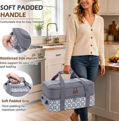 Double Layer Insulated Casserole Carrier, Fits 9" x 13" Baking Dish, Food Transport Carrier with Utensil Pocket for Hot & Cold Dishes, Reusable Potluck Tote for Thanksgiving, Parties&Family Gatherings