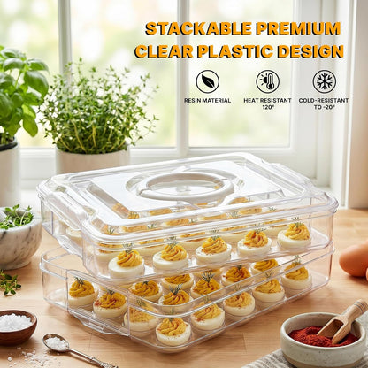 2 Layers Deviled Egg Containers with Lid,40 Slots Deviled Eggs Holder with Handle,Plastic Egg Tray Portable Egg Storage Carrier Platter for Easter Thanksgiving Party Picnic