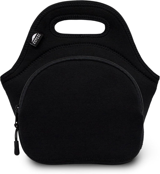 Nordic By Nature Large Neoprene Lunch Bag for Women & Lunch tote for Kids Insulated Lunch bag Reusable Washable Extra Thick Neoprene & Soft Cotton Feel, Premium Stitching, Outside Pocket, (L) Black