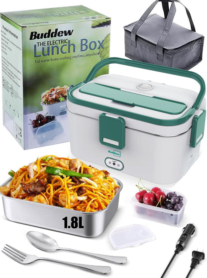 Buddew Electric Lunch Box for Adults, 80W Heated Lunch Box 1.8L Stainless Steel Portable Food Warmer,12/24/110V Lonchera Electrica Portatil for Travel & Work, Loncheras para Hombres de Trabajo