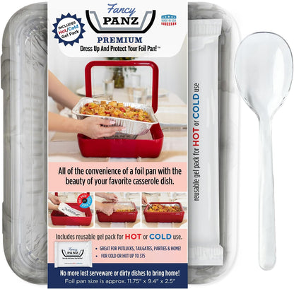 Fancy Panz Red Premium Aluminum Foil Pan Carrier with Secure Latch Lid - Reusable Casserole Carrier for Half Size Pans - Food Transport Holder for Potlucks, Parties, Tailgates & Entertaining