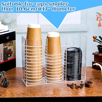 Cunhill 3 Compartments Acrylic Coffee Cup and Lid Dispenser Organizer Disposable Paper Cup Holder Plastic Coffee Shop Supplies Holder Storage for Station Restaurant Kitchen Countertop Bar Party(Clear)
