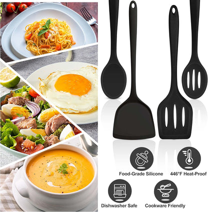 TeamFar Silicone Cooking Utensils, 4pcs Kitchen Utensils Set with Silicone Spatulas & Spoons, Heat-Resistant Solid & Slotted Cooking Spoons Turners for Non-stick Cookware, Dishwasher Safe, Black
