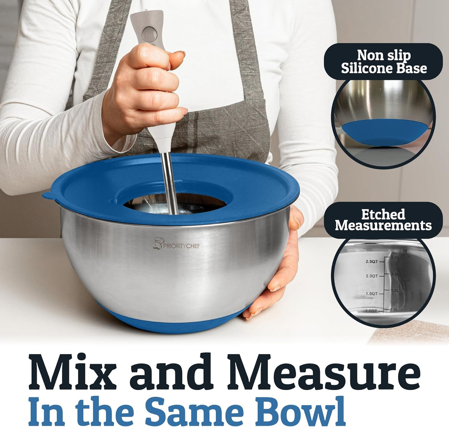 Priority Chef Stainless Steel Mixing Bowls with Lids Set, 3 Grater Attachments, Airtight Lids, Non-Slip Silicone Base Mixing Bowl Set, Large Prep Metal Mixing Bowls for Kitchen, Black