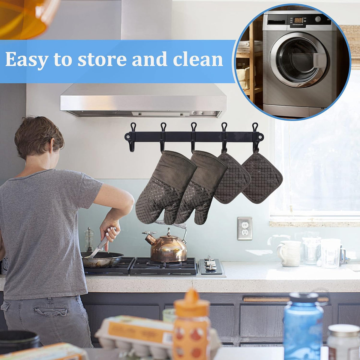 4 Pcs Oven Mitts and Pot Holders,500°F High Heat Resistant Kitchen Oven Mitts with Pot Holders,Long Oven Mitts with Recycled Cotton Infill and Silicone Non-Slip Surface for Baking and Cooking(Grey)