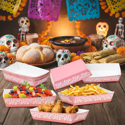 Mexican Taco Nights Food Trays - 60Pcs Mexican Flowers Wavy Edge Unassembled Tray Nacho Snack Candy Holder Disposable Paper Plate Holiday Birthday Carnival Party Supplies Food Container