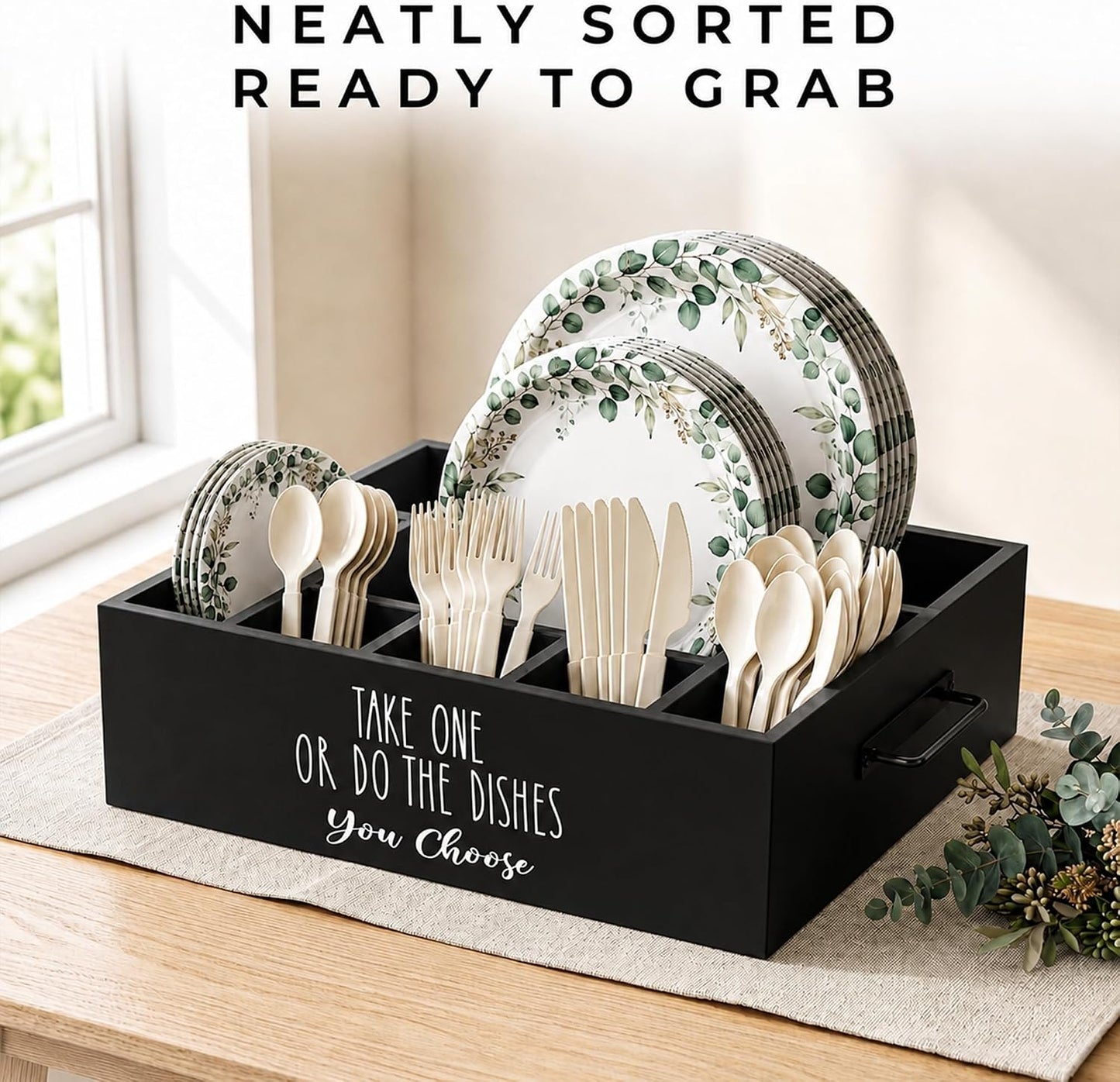 Paper Plate Holder, Plastic Silverware Caddy, Plastic Utensil Dispenser for Party Buffet Camping BBQ, Disposable Spoon Fork Knives Dish Cup Napkin Storage Organizer for Kitchen Counter (White)