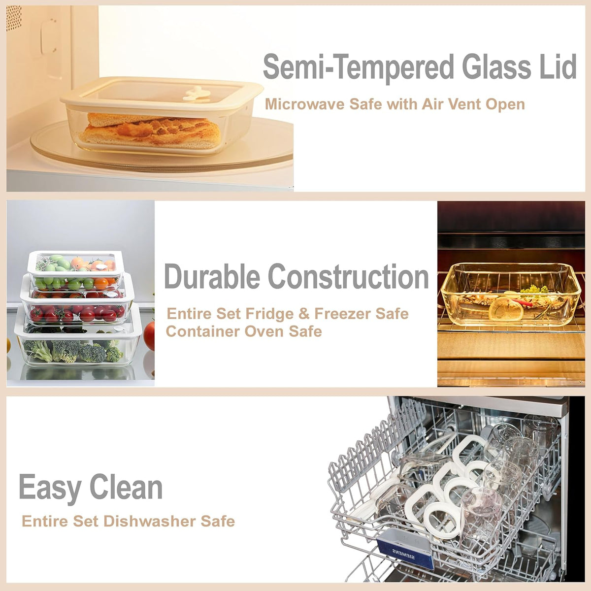 Urban Green Glass Food Container Set with Glass Lid, 3 Pack, Food Storage Containers Set, Airtight, LeakProof, 100% Plastic Free, Meal Prep Containers (White Color)