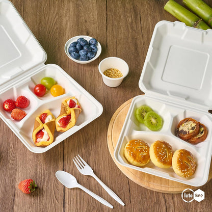 Turbo Bee 100 Pack 8x8inch White 3 Compartment Take Out Containers with Lids, Disposable Clamshell Meal Prep Containers, Divided Lunch Boxes for Catering, Restaurant & Meal Prep