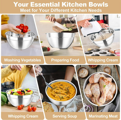 TeamFar Mixing Bowls Set, 4.5/3/1.5/1/0.7 QT Stainless Steel Nesting Salad Bowls with Airtight Lids, For Serving/Mixing/Storing, Non-Toxic & Heavy Duty, Visible & Easy Clean, Black, Set of 5