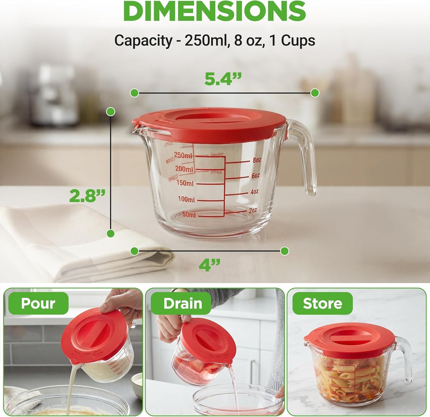 NutriChef 1,2 and 4 Cups Glass Measuring Cup Set with Lids (8, 17 and 34 oz) - Heat-Resistant Borosilicate Liquid Measure Cups with Easy-Read Scale for Cooking, Baking & Food Storage, Dishwasher Safe