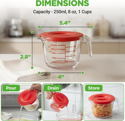 NutriChef 1,2 and 4 Cups Glass Measuring Cup Set with Lids (8, 17 and 34 oz) - Heat-Resistant Borosilicate Liquid Measure Cups with Easy-Read Scale for Cooking, Baking & Food Storage, Dishwasher Safe