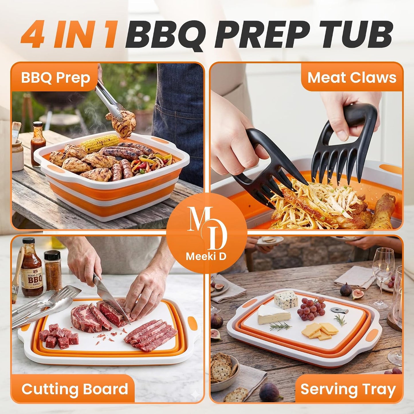 4 in 1 Large Collapsible BBQ Prep Tub with Lid - 16L Foldable Camping Sink with Colander & Cutting Board, Multipurpose Dish Basin for Kitchen, Meat Prep, Vegetables, Fruit, Picnic & Outdoor Cooking
