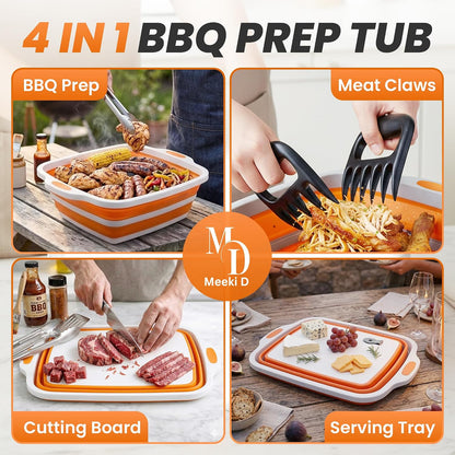 4 in 1 Large Collapsible BBQ Prep Tub with Lid - 16L Foldable Camping Sink with Colander & Cutting Board, Multipurpose Dish Basin for Kitchen, Meat Prep, Vegetables, Fruit, Picnic & Outdoor Cooking