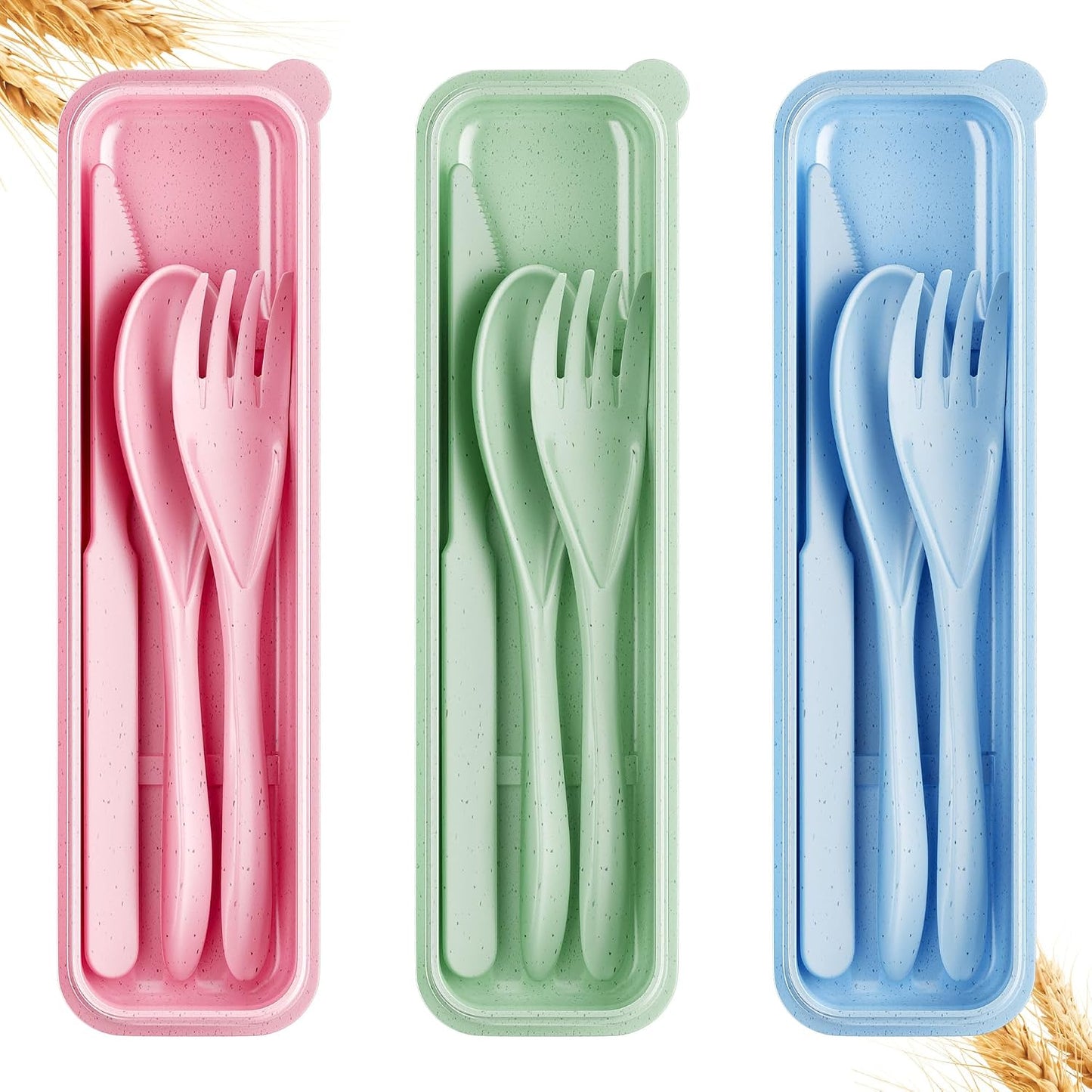 Quatish Reusable Travel Utensils with Case,3 Sets of Camping Utensils,Portable Wheat Straw Utensil (Knife, Fork, Spoon) for Lunch Box,Kitchen, Travel, Picnic & Daily Use - Easy to Clean (Multi-Color)