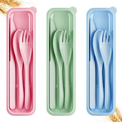 Quatish Reusable Travel Utensils with Case,3 Sets of Camping Utensils,Portable Wheat Straw Utensil (Knife, Fork, Spoon) for Lunch Box,Kitchen, Travel, Picnic & Daily Use - Easy to Clean (Multi-Color)