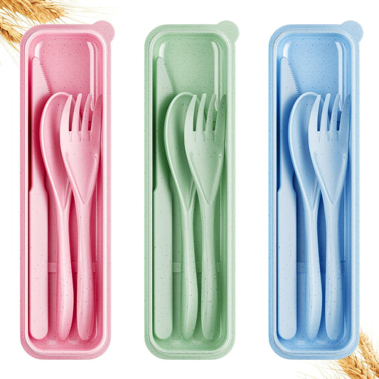 Quatish Reusable Travel Utensils with Case,3 Sets of Camping Utensils,Portable Wheat Straw Utensil (Knife, Fork, Spoon) for Lunch Box,Kitchen, Travel, Picnic & Daily Use - Easy to Clean (Multi-Color)