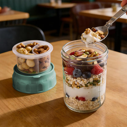 Overnight Oats Containers with Lids, 4 Pack 16 Oz Glass Mason Jars - Leakproof Meal Prep Jars, Separate Compartment, Folding Spoon, Yogurt Parfait Cups, Stackable, BPA Free