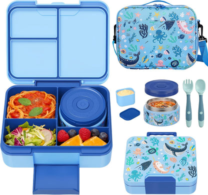 Kids Bento Lunch Box Set with 9.5oz Soup Thermo, Leak-Proof Lunch Food Containers with 3 Compartment and Removable Inner Tray, Insulated Hot Food Jar with Lunch Bag for School, Office, Sea Blue